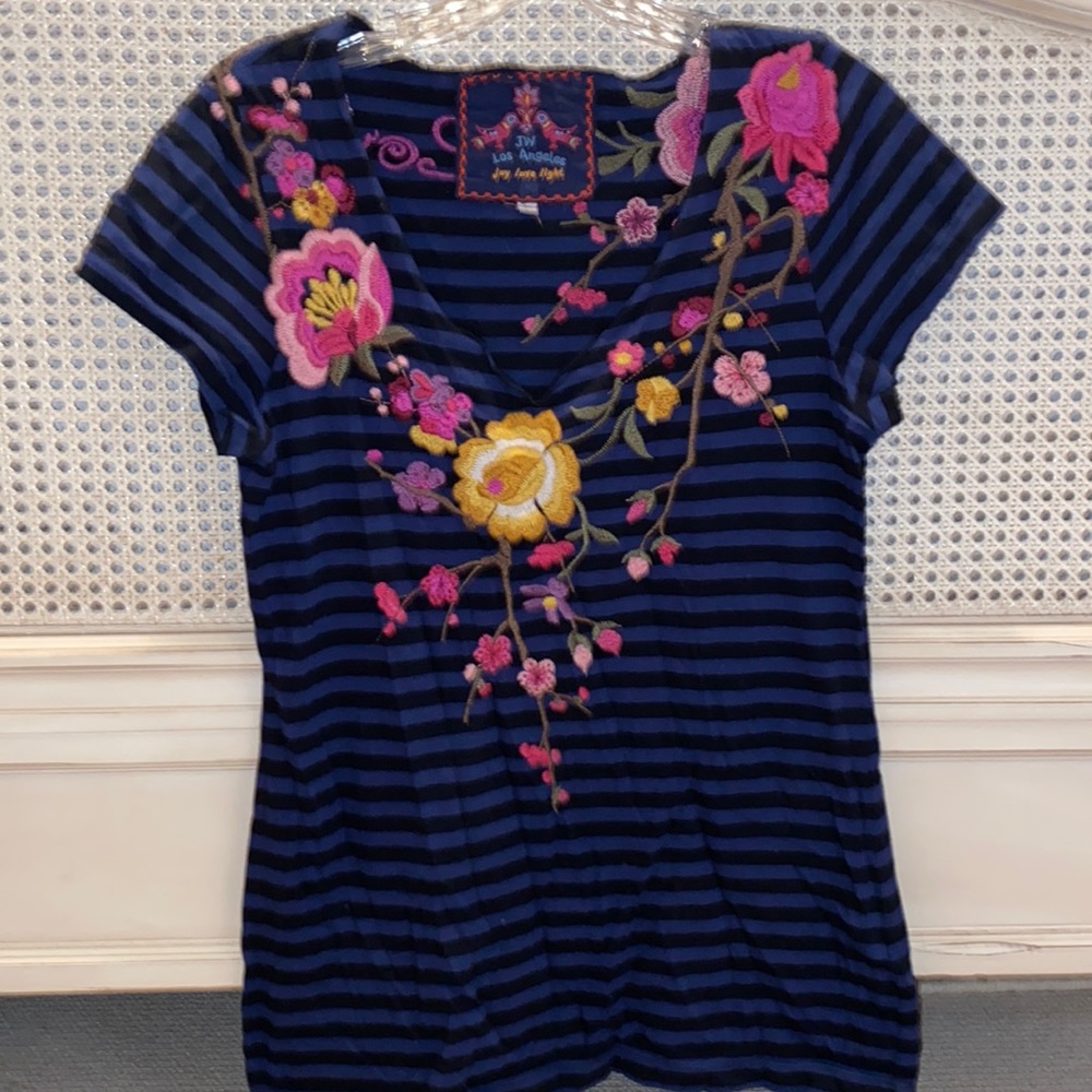 Johnny Was Embroidered Floral Striped V-Neck Top